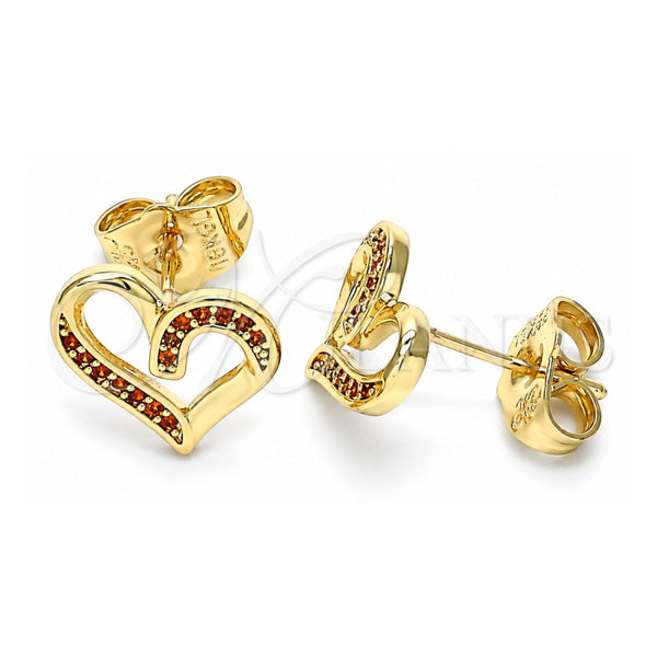 Oro Laminado Stud Earring, Gold Filled Style Heart Design, with Garnet Micro Pave, Polished, Golden Finish, 02.156.0621.1