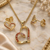 Oro Laminado Earring and Pendant Adult Set, Gold Filled Style Heart Design, with Garnet Micro Pave, Polished, Golden Finish, 10.156.0409.1