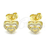 Oro Laminado Stud Earring, Gold Filled Style Heart Design, with White Micro Pave, Polished, Golden Finish, 02.156.0622