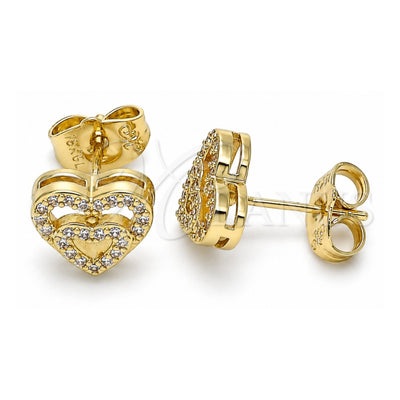 Oro Laminado Stud Earring, Gold Filled Style Heart Design, with White Micro Pave, Polished, Golden Finish, 02.156.0622
