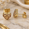 Oro Laminado Stud Earring, Gold Filled Style Heart Design, with Garnet Micro Pave, Polished, Golden Finish, 02.156.0622.1