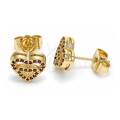 Oro Laminado Stud Earring, Gold Filled Style Heart Design, with Garnet Micro Pave, Polished, Golden Finish, 02.156.0622.1
