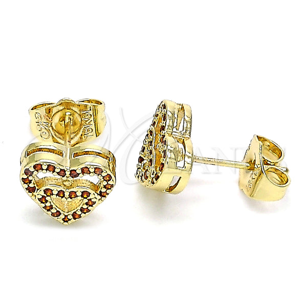 Oro Laminado Stud Earring, Gold Filled Style Heart Design, with Garnet Micro Pave, Polished, Golden Finish, 02.156.0622.1