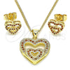 Oro Laminado Earring and Pendant Adult Set, Gold Filled Style Heart Design, with Garnet Micro Pave, Polished, Golden Finish, 10.156.0410.1