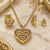 Oro Laminado Earring and Pendant Adult Set, Gold Filled Style Heart Design, with Garnet Micro Pave, Polished, Golden Finish, 10.156.0410.1