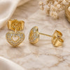 Oro Laminado Stud Earring, Gold Filled Style Heart Design, with White Micro Pave, Polished, Golden Finish, 02.156.0623