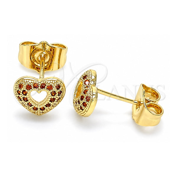 Oro Laminado Stud Earring, Gold Filled Style Heart Design, with Garnet Micro Pave, Polished, Golden Finish, 02.156.0623.1