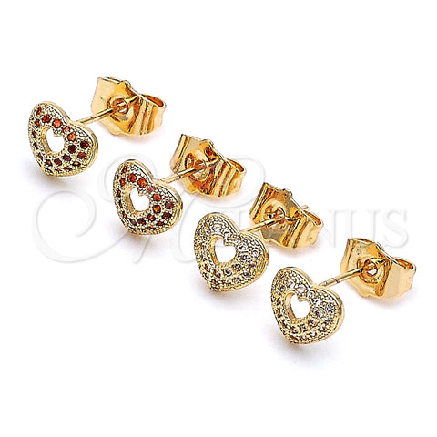 Oro Laminado Stud Earring, Gold Filled Style Heart Design, with Garnet Micro Pave, Polished, Golden Finish, 02.156.0623.1