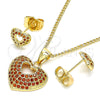 Oro Laminado Earring and Pendant Adult Set, Gold Filled Style Heart Design, with Garnet Micro Pave, Polished, Golden Finish, 10.156.0411.1