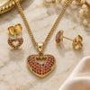 Oro Laminado Earring and Pendant Adult Set, Gold Filled Style Heart Design, with Garnet Micro Pave, Polished, Golden Finish, 10.156.0411.1