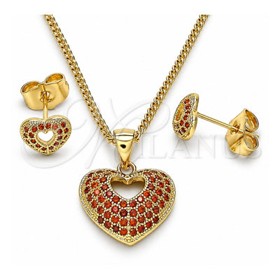 Oro Laminado Earring and Pendant Adult Set, Gold Filled Style Heart Design, with Garnet Micro Pave, Polished, Golden Finish, 10.156.0411.1