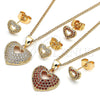 Oro Laminado Earring and Pendant Adult Set, Gold Filled Style Heart Design, with Garnet Micro Pave, Polished, Golden Finish, 10.156.0411.1