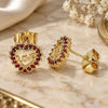 Oro Laminado Stud Earring, Gold Filled Style Heart and Love Design, with Garnet Micro Pave, Polished, Golden Finish, 02.156.0624.1