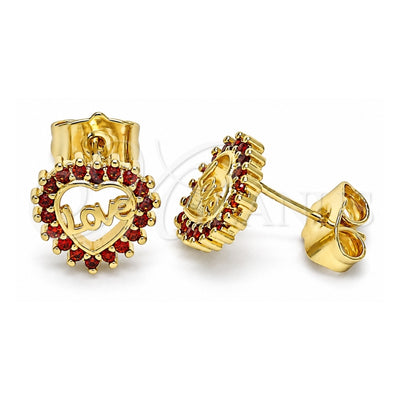Oro Laminado Stud Earring, Gold Filled Style Heart and Love Design, with Garnet Micro Pave, Polished, Golden Finish, 02.156.0624.1