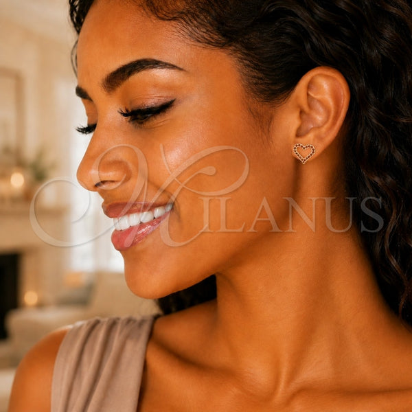 Oro Laminado Stud Earring, Gold Filled Style Heart Design, with Garnet Micro Pave, Polished, Golden Finish, 02.156.0499.2