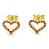 Oro Laminado Stud Earring, Gold Filled Style Heart Design, with Garnet Micro Pave, Polished, Golden Finish, 02.156.0499.2