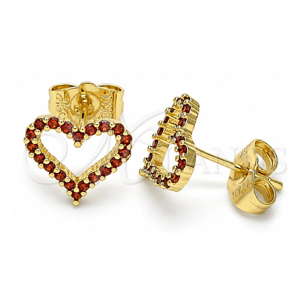 Oro Laminado Stud Earring, Gold Filled Style Heart Design, with Garnet Micro Pave, Polished, Golden Finish, 02.156.0499.2
