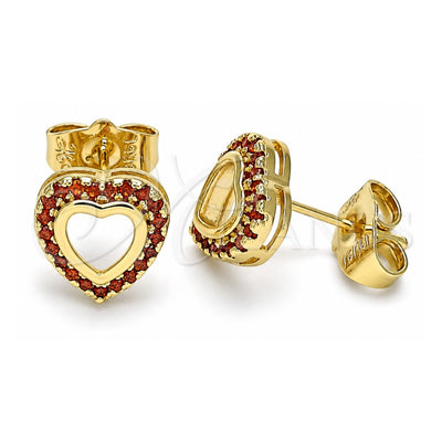 Oro Laminado Stud Earring, Gold Filled Style Heart Design, with Garnet Micro Pave, Polished, Golden Finish, 02.156.0625.1