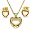 Oro Laminado Earring and Pendant Adult Set, Gold Filled Style Heart Design, with Garnet Micro Pave, Polished, Golden Finish, 10.156.0414.1