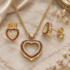 Oro Laminado Earring and Pendant Adult Set, Gold Filled Style Heart Design, with Garnet Micro Pave, Polished, Golden Finish, 10.156.0414.1