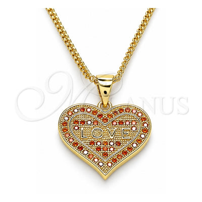 Oro Laminado Pendant Necklace, Gold Filled Style Heart and Love Design, with Garnet Micro Pave, Polished, Golden Finish, 04.156.0076.2.20 (02 MM Thickness, 20 Inches Length)