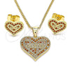 Oro Laminado Earring and Pendant Adult Set, Gold Filled Style Heart and Love Design, with Garnet Micro Pave, Polished, Golden Finish, 10.156.0415.1