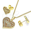 Oro Laminado Earring and Pendant Adult Set, Gold Filled Style Heart and Love Design, with Garnet Micro Pave, Polished, Golden Finish, 10.156.0415.1