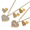 Oro Laminado Earring and Pendant Adult Set, Gold Filled Style Heart and Love Design, with Garnet Micro Pave, Polished, Golden Finish, 10.156.0415.1