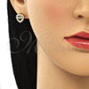 Oro Laminado Stud Earring, Gold Filled Style Mom and Heart Design, with White Micro Pave, Polished, Golden Finish, 02.156.0627