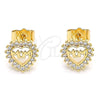 Oro Laminado Stud Earring, Gold Filled Style Mom and Heart Design, with White Micro Pave, Polished, Golden Finish, 02.156.0627
