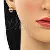 Oro Laminado Stud Earring, Gold Filled Style Mom and Heart Design, with Garnet Micro Pave, Polished, Golden Finish, 02.156.0627.1