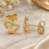 Oro Laminado Stud Earring, Gold Filled Style Heart Design, with White Micro Pave, Polished, Golden Finish, 02.156.0628