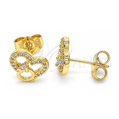 Oro Laminado Stud Earring, Gold Filled Style Heart Design, with White Micro Pave, Polished, Golden Finish, 02.156.0628