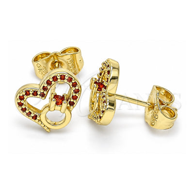 Oro Laminado Stud Earring, Gold Filled Style Heart Design, with Garnet Micro Pave, Polished, Golden Finish, 02.156.0628.1