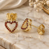 Oro Laminado Stud Earring, Gold Filled Style Heart Design, with Garnet Micro Pave, Polished, Golden Finish, 02.156.0629.1