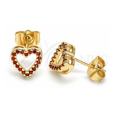 Oro Laminado Stud Earring, Gold Filled Style Heart Design, with Garnet Micro Pave, Polished, Golden Finish, 02.156.0629.1