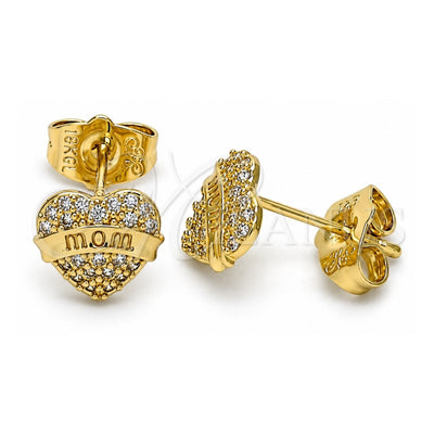 Oro Laminado Stud Earring, Gold Filled Style Mom and Heart Design, with White Micro Pave, Polished, Golden Finish, 02.156.0630