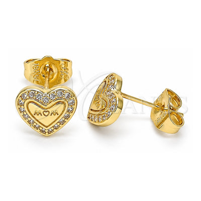 Oro Laminado Stud Earring, Gold Filled Style Mom and Heart Design, with White Micro Pave, Polished, Golden Finish, 02.156.0631