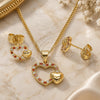 Oro Laminado Earring and Pendant Adult Set, Gold Filled Style Heart Design, with Garnet and White Micro Pave, Polished, Golden Finish, 10.199.0006.2