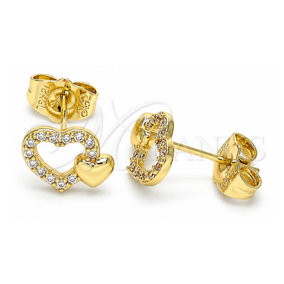 Oro Laminado Stud Earring, Gold Filled Style Heart Design, with White Micro Pave, Polished, Golden Finish, 02.199.0031