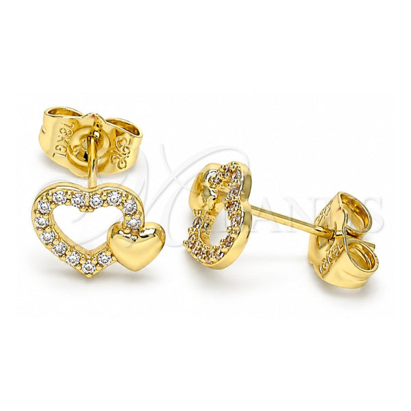 Oro Laminado Stud Earring, Gold Filled Style Heart Design, with White Micro Pave, Polished, Golden Finish, 02.199.0031