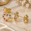 Oro Laminado Stud Earring, Gold Filled Style Heart Design, with Garnet and White Micro Pave, Polished, Golden Finish, 02.199.0031.1