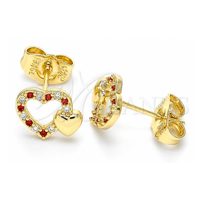 Oro Laminado Stud Earring, Gold Filled Style Heart Design, with Garnet and White Micro Pave, Polished, Golden Finish, 02.199.0031.1