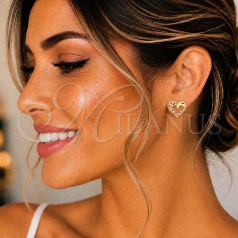 Oro Laminado Stud Earring, Gold Filled Style Heart Design, with Garnet and White Micro Pave, Polished, Golden Finish, 02.199.0032.1