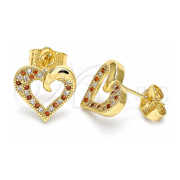 Oro Laminado Stud Earring, Gold Filled Style Heart Design, with Garnet and White Micro Pave, Polished, Golden Finish, 02.199.0032.1