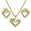 Oro Laminado Earring and Pendant Adult Set, Gold Filled Style Heart Design, with Garnet and White Micro Pave, Polished, Golden Finish, 10.199.0021.2