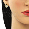 Oro Laminado Stud Earring, Gold Filled Style Heart Design, with White Micro Pave, Polished, Golden Finish, 02.199.0033