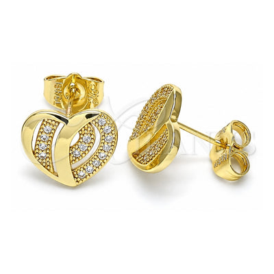 Oro Laminado Stud Earring, Gold Filled Style Heart Design, with White Micro Pave, Polished, Golden Finish, 02.199.0033