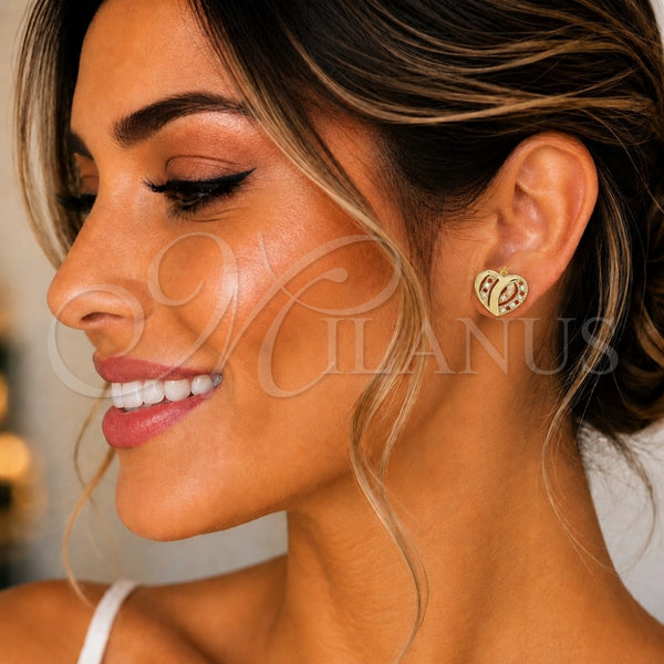 Oro Laminado Stud Earring, Gold Filled Style Heart Design, with Garnet and White Micro Pave, Polished, Golden Finish, 02.199.0033.1