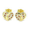 Oro Laminado Stud Earring, Gold Filled Style Heart Design, with Garnet and White Micro Pave, Polished, Golden Finish, 02.199.0033.1